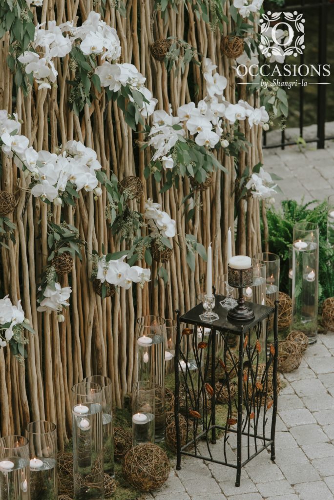 Whimsical Branch Wedding Ceremony Altar with White Orchids, Candles, and Greenery #OBSevents