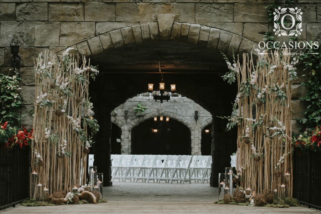 Whimsical Branch Wedding Panels with White Orchids, Candles, and Greenery